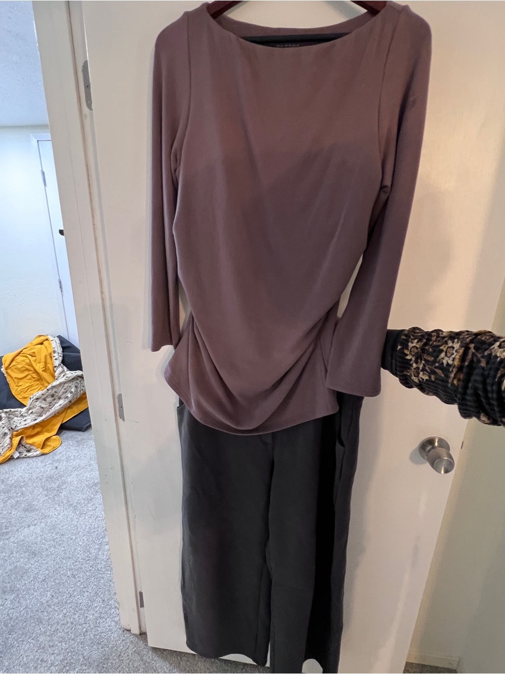 OGL Women's rauchedLong-Sleeve Top in Mauve & Fleece pull on pants. Sold as set